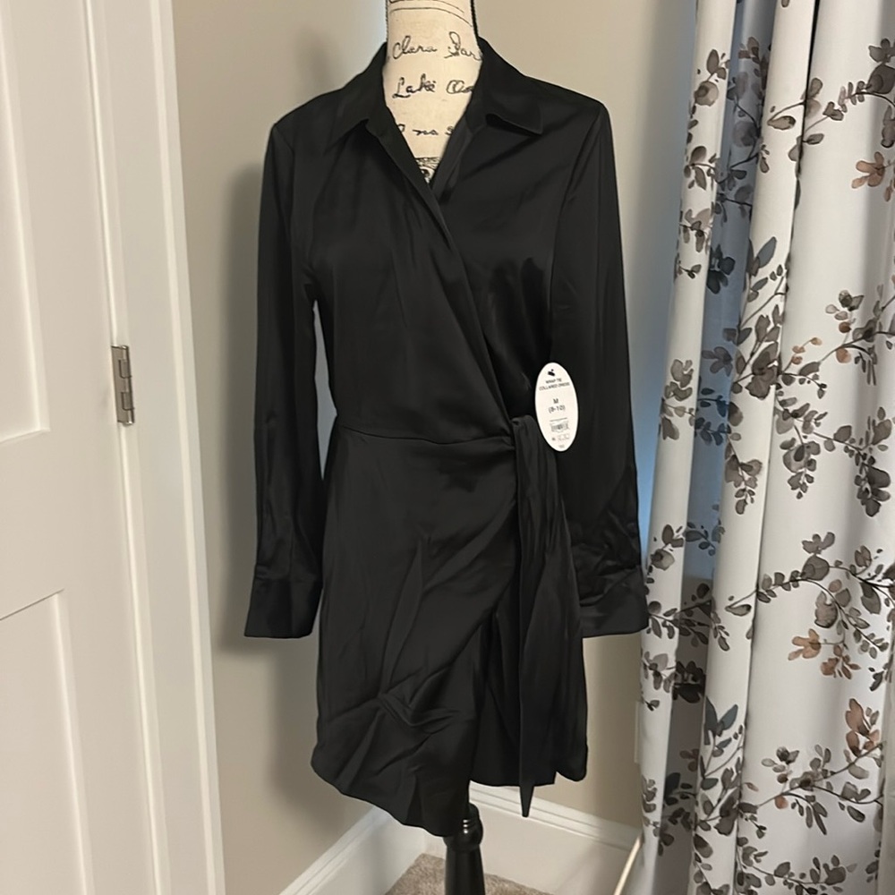 Black satin wrapped dress new with tags size medium